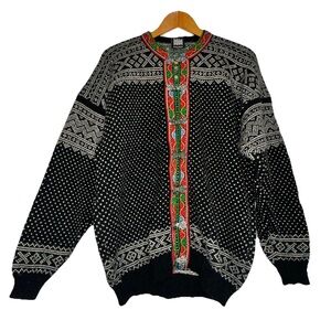 Rauma Vintage *Sz L Nordic Ski Sweater Fair Isle Pewter Clasp Wool Embroidered